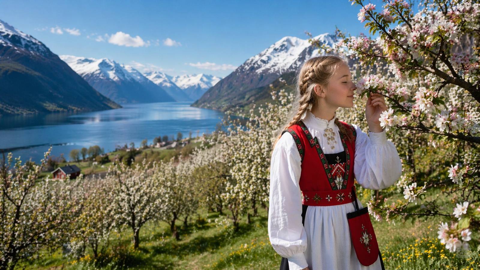 Jente i bunad ved epleblomstring, Sørfjorden